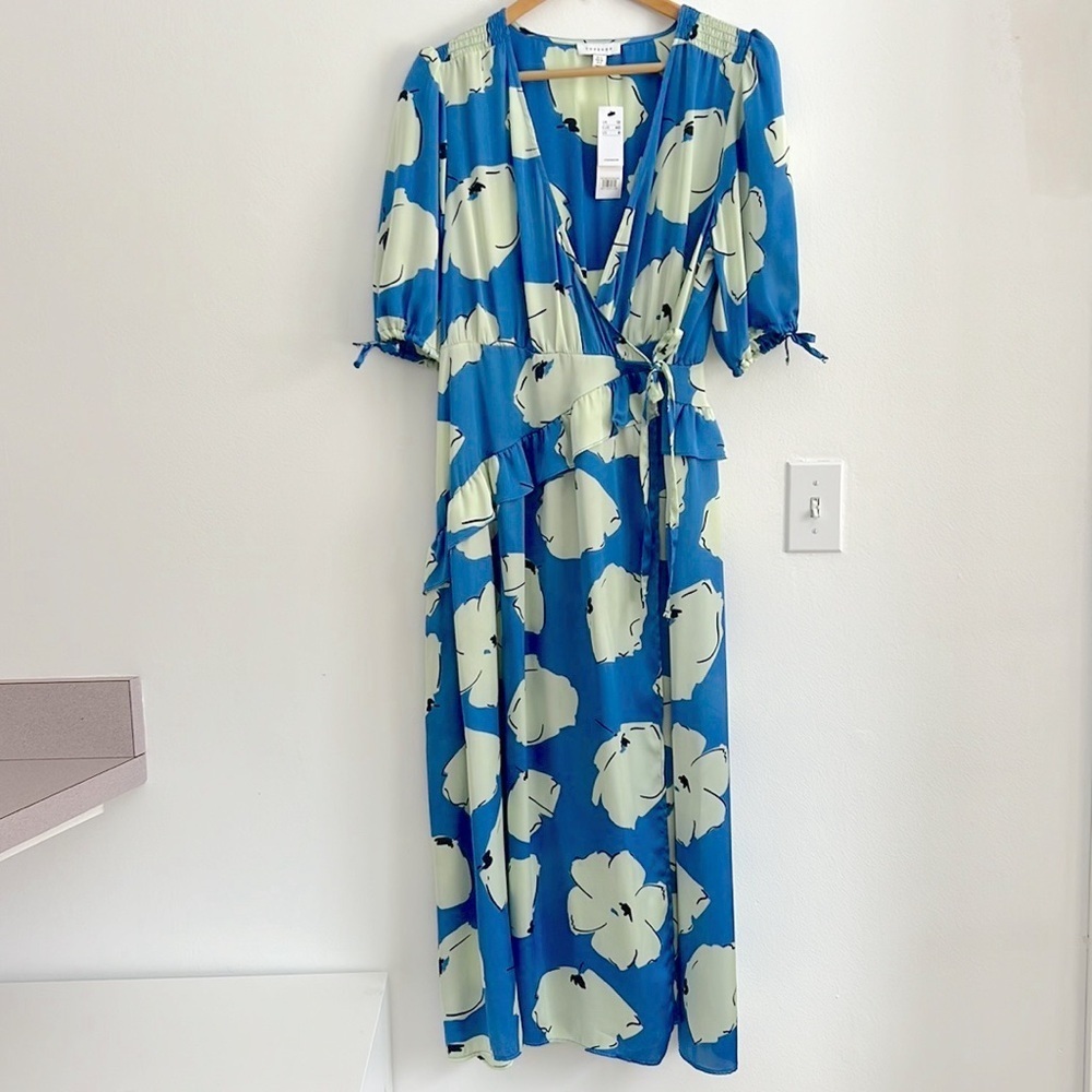 Topshop Crinkle Texture Wrap Front Midi Dress Blue Floral NWT - Picture 5 of 16